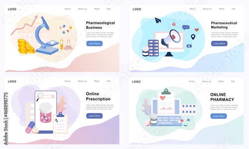 Pharmacological business, pharmaceutical marketing, online prescription, online pharmacy concept. Drugs advertising, medication industry and promotion vector illustration set for UI app, web, banner.