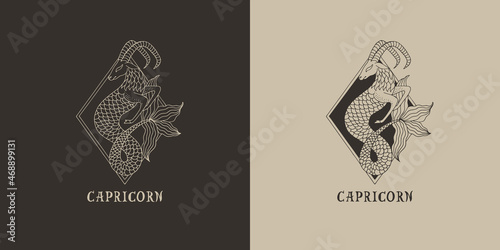 Outline zodiac sign Capricorn. Astrological symbol. Horoscope. Set of two variants of logos on a dark and light background
