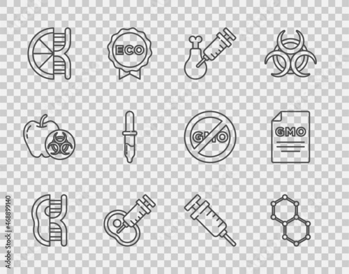 Set line Genetically modified meat, Chemical formula, Gmo research chicken, orange, Pipette, Syringe and GMO icon. Vector