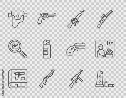 Set line Book with pistol or gun, Gun magazine and bullets, M16A1 rifle, Hunting, holster, Weapons oil bottle, Tommy and Advertising weapon icon. Vector