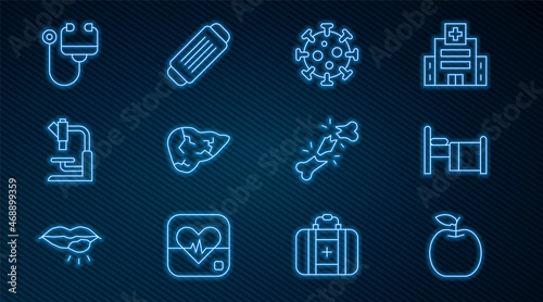 Set line Apple, Hospital bed, Virus, Hepatitis virus, Microscope, Stethoscope, Human broken bone and Medical protective mask icon. Vector