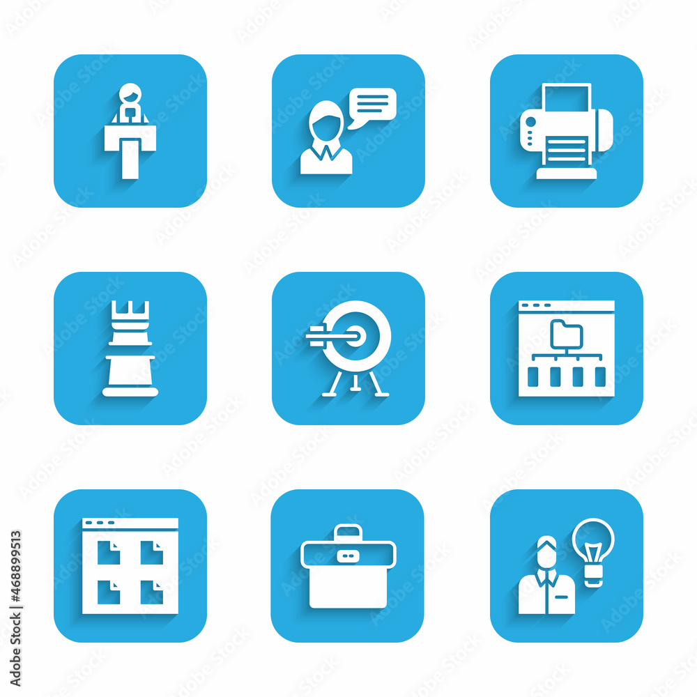 Set Target with arrow, Briefcase, Human lamp bulb, Browser files, Business strategy, Printer and Stage stand or tribune icon. Vector