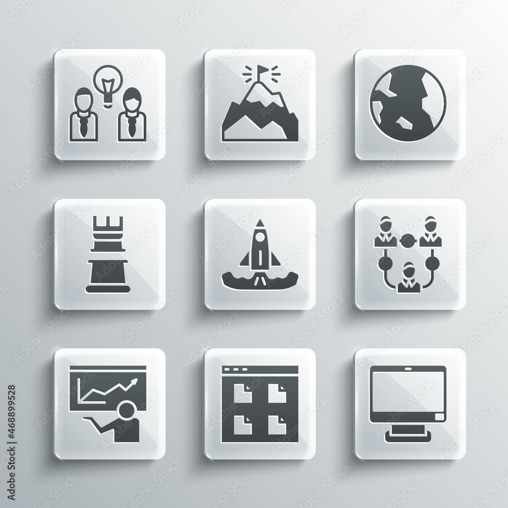 Set Browser files, Computer monitor, Project team base, Rocket, Training, presentation, Business strategy, People with lamp bulb and Earth globe icon. Vector Set Browser files, Computer monitor, Project team base, Rocket, Training, presentation, Business strategy, People with lamp bulb and Earth globe icon. Vector