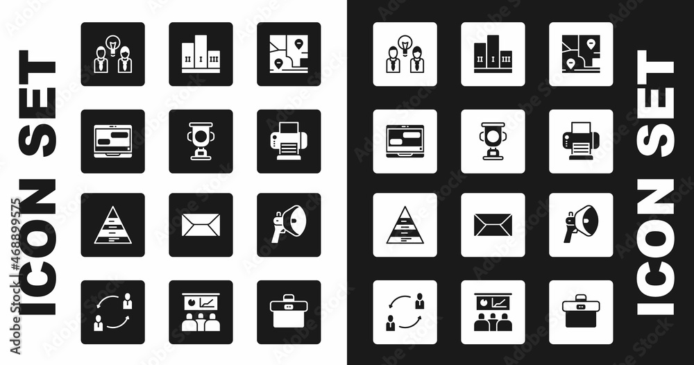 Set Folded map with location, Award cup, Chat messages laptop, People lamp bulb, Printer, over winner podium, Megaphone and Pyramid chart infographics icon. Vector