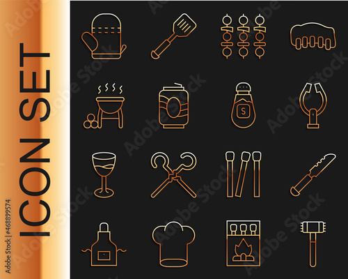 Set line Kitchen hammer, Bread knife, Meat tongs, Grilled shish kebab, Soda can, Barbecue grill, Oven glove and Salt icon. Vector