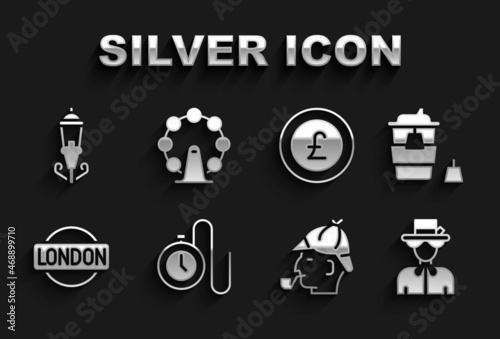 Set Watch with a chain, Coffee cup to go, Queen Elizabeth, Sherlock Holmes, London sign, Coin money pound, Vintage street light and eye icon. Vector