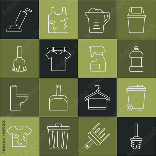 Set line Toilet brush, Trash can, Bottle for cleaning agent, Washing powder, Drying clothes, Feather broom, Vacuum cleaner and Cleaning spray bottle icon. Vector