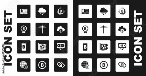 Set CPU mining farm, Pickaxe, Bitcoin, Mining bitcoin from laptop, Cryptocurrency cloud, with circuit and mobile icon. Vector