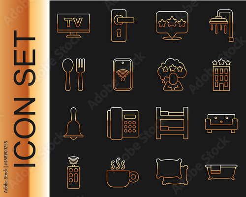 Set line Bathtub, Sofa, Hotel building, Five stars rating review, Mobile with wi-fi wireless, Fork and spoon, Smart Tv and icon. Vector