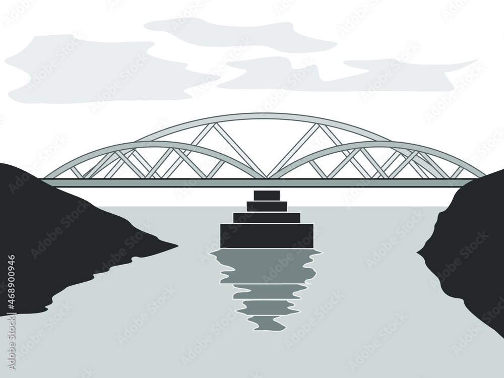 vector illustration depicting a bridge over a river in black and white ...