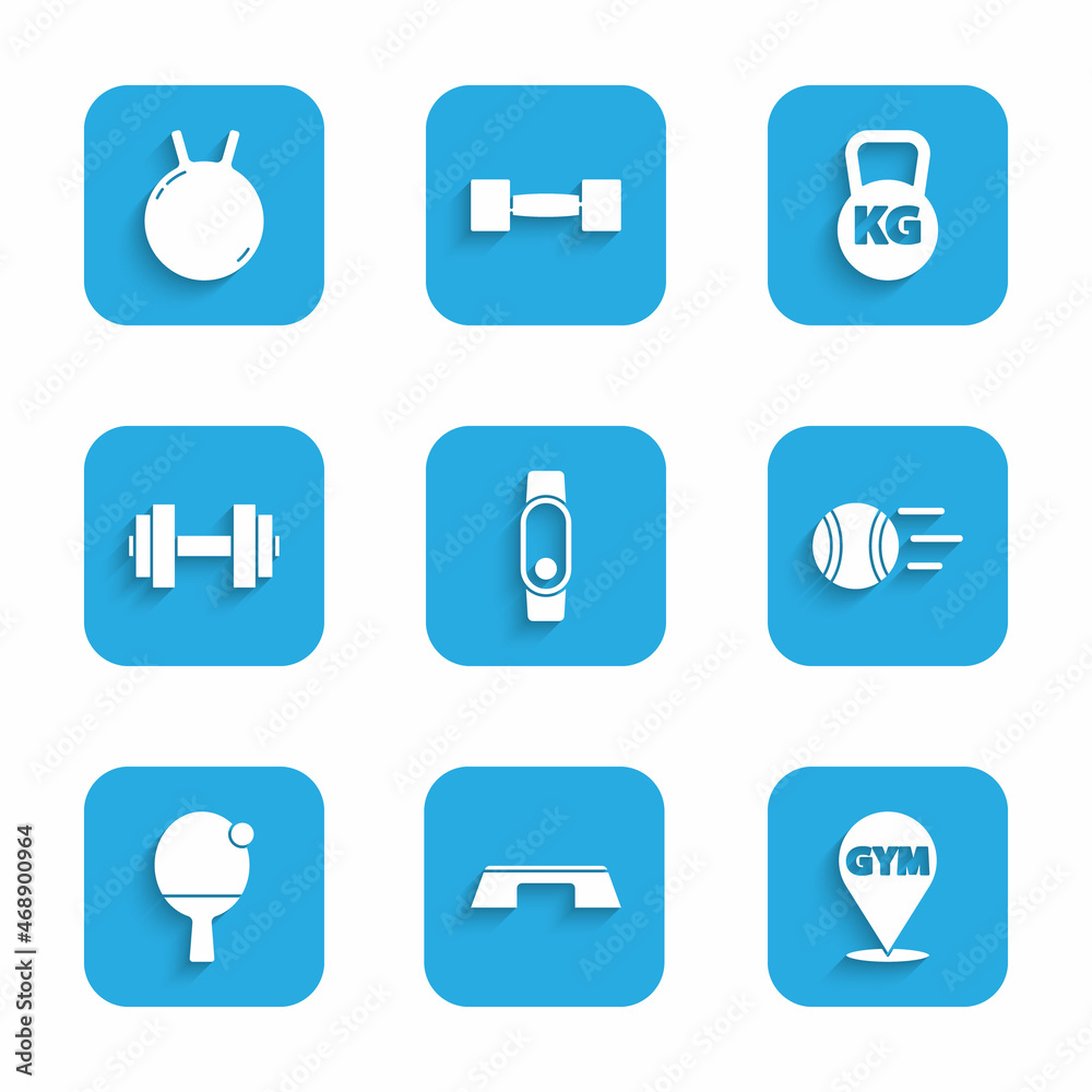 Set Smartwatch, Step platform, Location gym, Tennis ball, Racket and, Dumbbell, Kettlebell and icon. Vector Set Smartwatch, Step platform, Location gym, Tennis ball, Racket and, Dumbbell, Kettlebell and icon. Vector