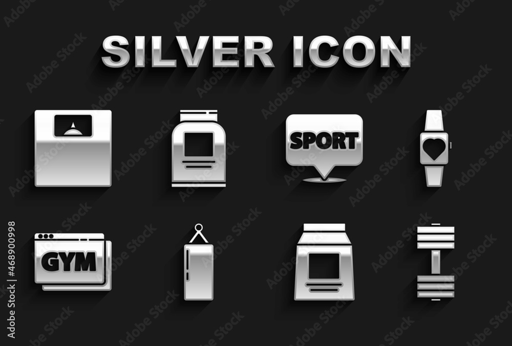 Set Punching bag, Smartwatch, Dumbbell, Sports nutrition, Online fitness and training, Location gym, Bathroom scales and icon. Vector Set Punching bag, Smartwatch, Dumbbell, Sports nutrition, Online fitness and training, Location gym, Bathroom scales and icon. Vector