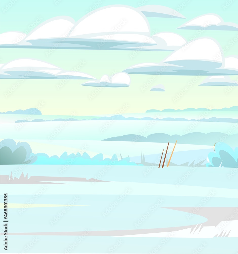 Glade. Winter rural landscape with cold white snow and drifts. Beautiful frosty view of countryside hilly plain. Flat design cartoon style. Vector