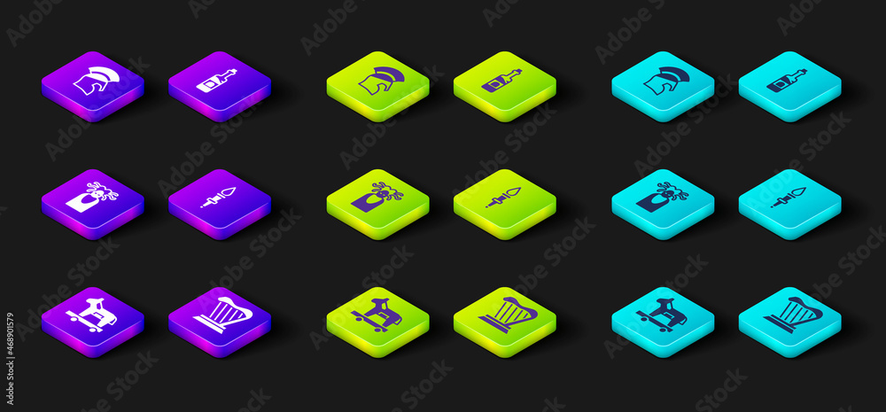 Set Trojan horse, Harp, Medusa Gorgon, Torch flame, Bottle of wine and Greek helmet icon. Vector Set Trojan horse, Harp, Medusa Gorgon, Torch flame, Bottle of wine and Greek helmet icon. Vector