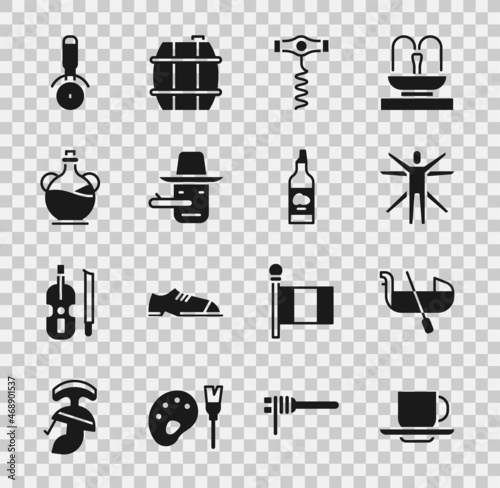 Set Coffee cup, Gondola, Vitruvian Man, Wine corkscrew, Pinocchio, Bottle olive oil, Pizza knife and icon. Vector