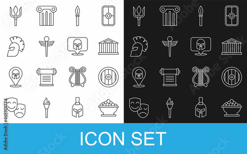 Set line Olives in bowl, Greek shield, Parthenon, Medieval spear, Caduceus snake medical, helmet, Neptune Trident and icon. Vector