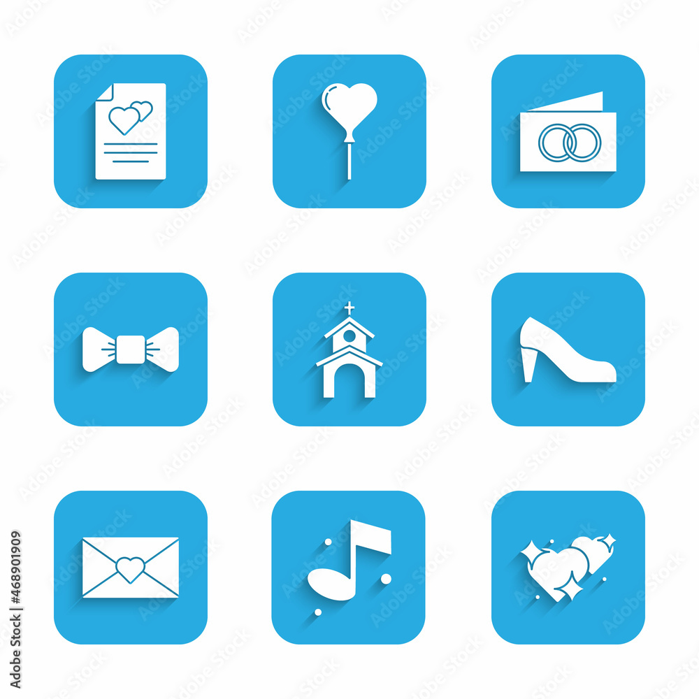 Set Church building, Music note, Two Linked Hearts, Woman shoe, Envelope with Valentine heart, Bow tie, Greeting card and icon. Vector