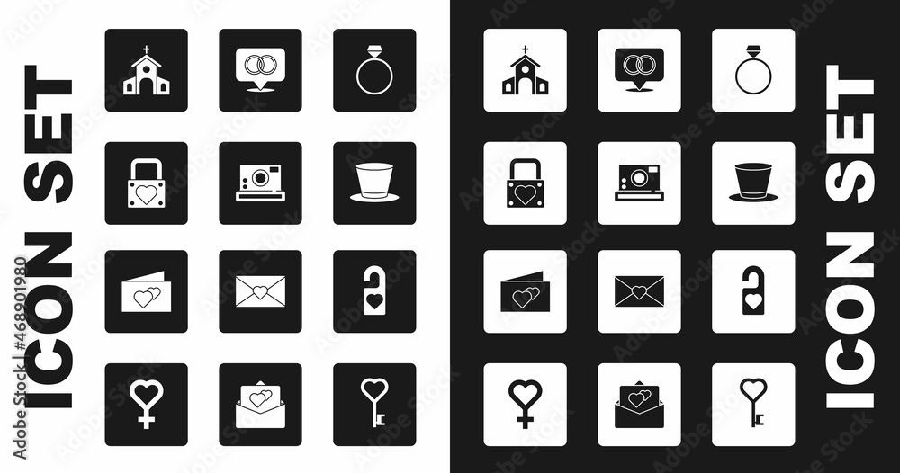 Set Diamond engagement ring, Photo camera, Lock and heart, Church building, Cylinder hat, Wedding rings, Please do not disturb and Greeting card icon. Vector Set Diamond engagement ring, Photo camera, Lock and heart, Church building, Cylinder hat, Wedding rings, Please do not disturb and Greeting card icon. Vector