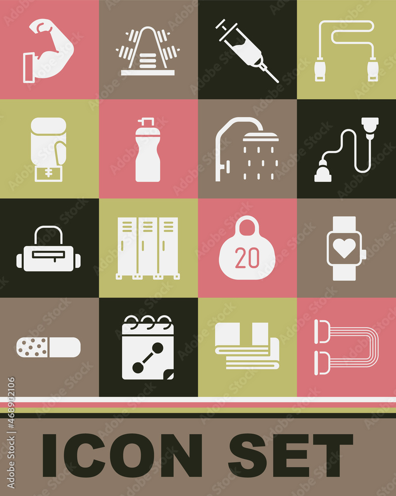 Set Chest expander, Smart watch, Doping syringe, Fitness shaker, Boxing glove, Bodybuilder muscle and Shower head icon. Vector Set Chest expander, Smart watch, Doping syringe, Fitness shaker, Boxing glove, Bodybuilder muscle and Shower head icon. Vector