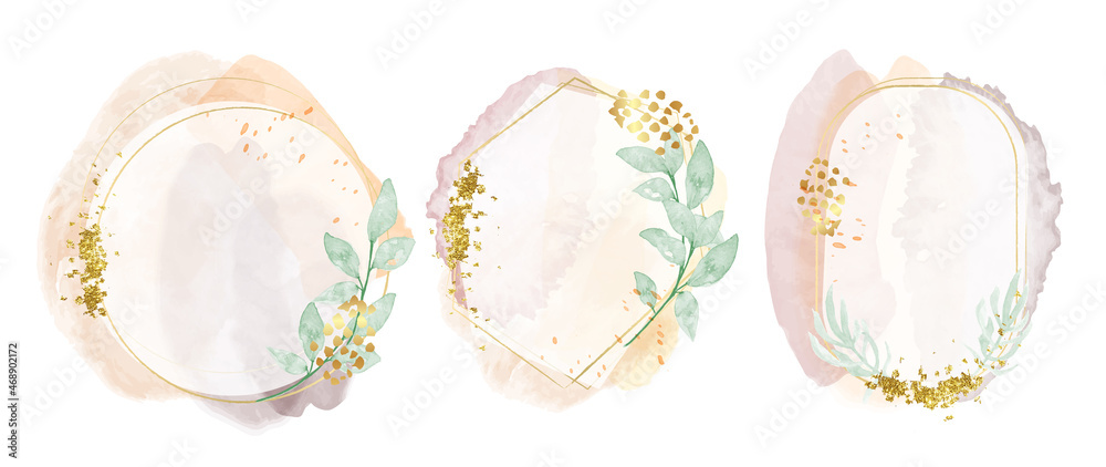 Abstract watercolor floral frame background vector.  Watercolor invitation design with leaves, flower , gold geometric frame and watercolor brush strokes. Vector illustration.
 - obrazy, fototapety, plakaty 
