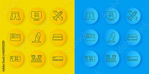Set line Airline ticket, Action camera, Surfboard, conditioner, Hotel room bed, Short or pants, Plane and Speech bubble with airplane icon. Vector