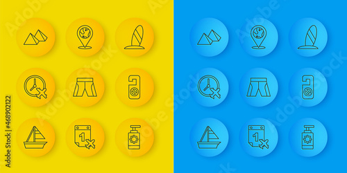 Set line Yacht sailboat, Clock with airplane, Short or pants, Sunscreen spray bottle, Please do not disturb, Egypt pyramids, Surfboard and Location on the globe icon. Vector