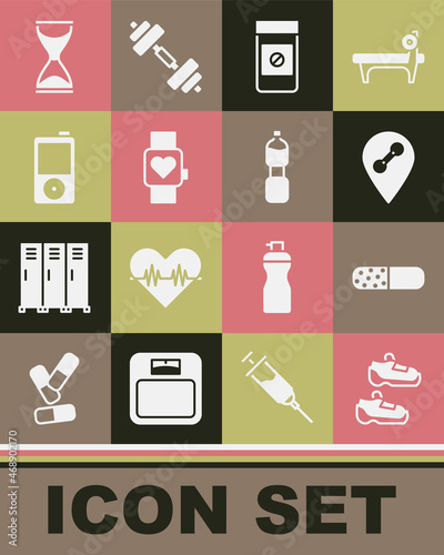 Set Sport sneakers, Vitamin pill, Location gym, Anabolic drugs, Smart watch, Music player, Old hourglass and Bottle of water icon. Vector