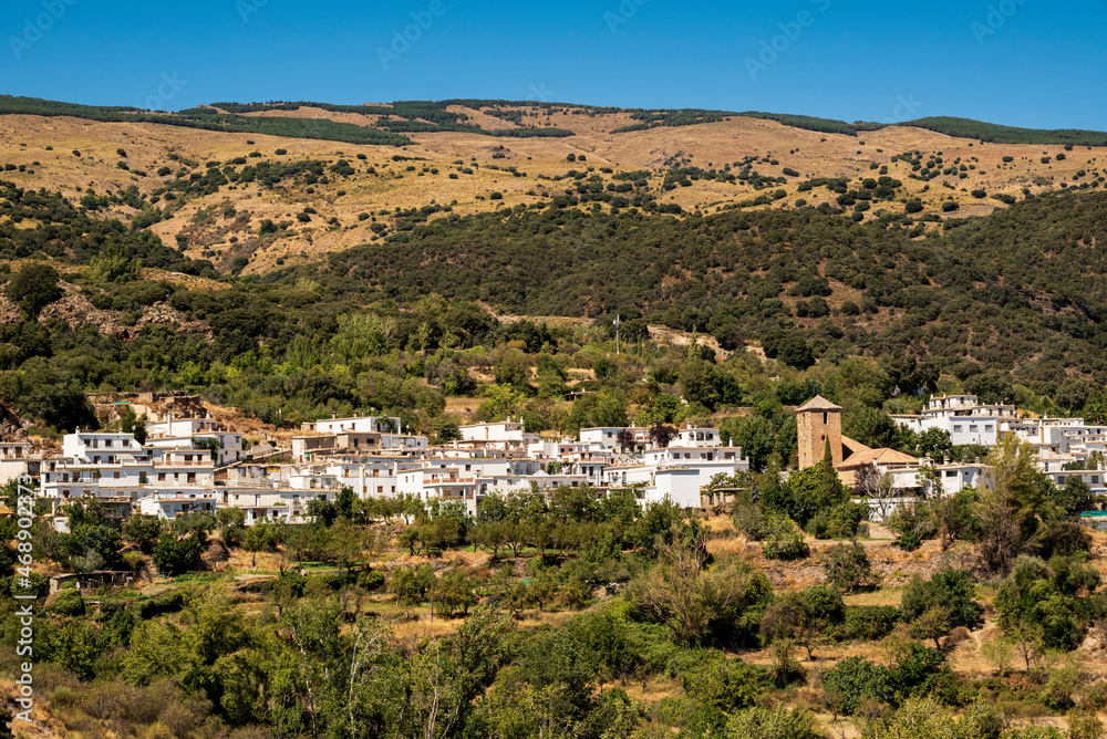 Scenic view of Juviles village and its beautiful white houses, Las Alpujarras, Sierra Nevada National Park, Andalusia, Spain