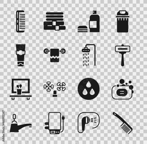 Set Hairbrush, Bar of soap, Shaving razor, Bottle shampoo, Towel on hanger, Tube toothpaste, and Shower icon. Vector