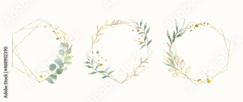 Abstract watercolor floral frame background vector. Watercolor invitation design with leaves, flower , gold geometric frame and watercolor brush strokes. Vector illustration. 