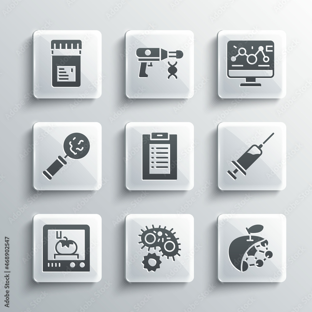 Set Virus, Biological structure, Syringe, Clinical record, 3D printing technology, Microorganisms under magnifier, Jar with additives and Genetic engineering modification icon. Vector Set Virus, Biological structure, Syringe, Clinical record, 3D printing technology, Microorganisms under magnifier, Jar with additives and Genetic engineering modification icon. Vector