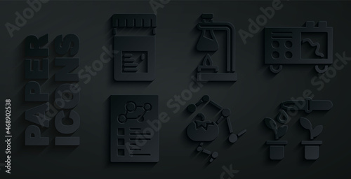 Set Genetically modified food, Spectrometer, Clinical record, Pipette and plant, Test tube flask on fire and Jar with additives icon. Vector