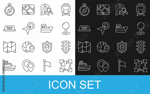 Set line World globe with compass, Traffic light, Push pin, Search location, Infographic of city map navigation, Taxi car roof, Compass and Ship line path icon. Vector
