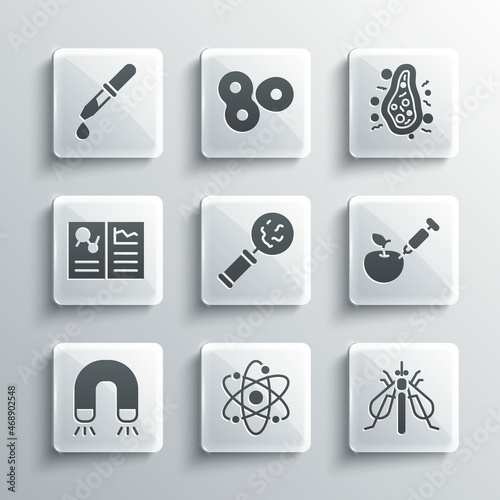 Set Atom, Experimental insect, Genetically modified apple, Microorganisms under magnifier, Magnet, Clinical record, Pipette and Bacteria icon. Vector