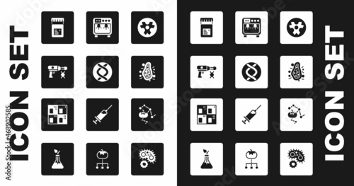 Set Biohazard symbol, DNA, Transfer liquid gun, Jar with additives, Bacteria, Biosafety box, Genetically modified food and Periodic table icon. Vector