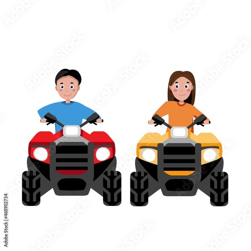 Girl and boy rides a quad bikes. ATV  rental, active hobbies. Vector illustration. Kids