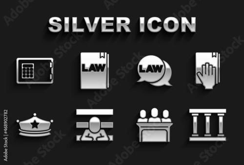 Set Prisoner, Oath the Holy Bible, window, Jurors, Police cap with cockade, Law, Safe and book icon. Vector