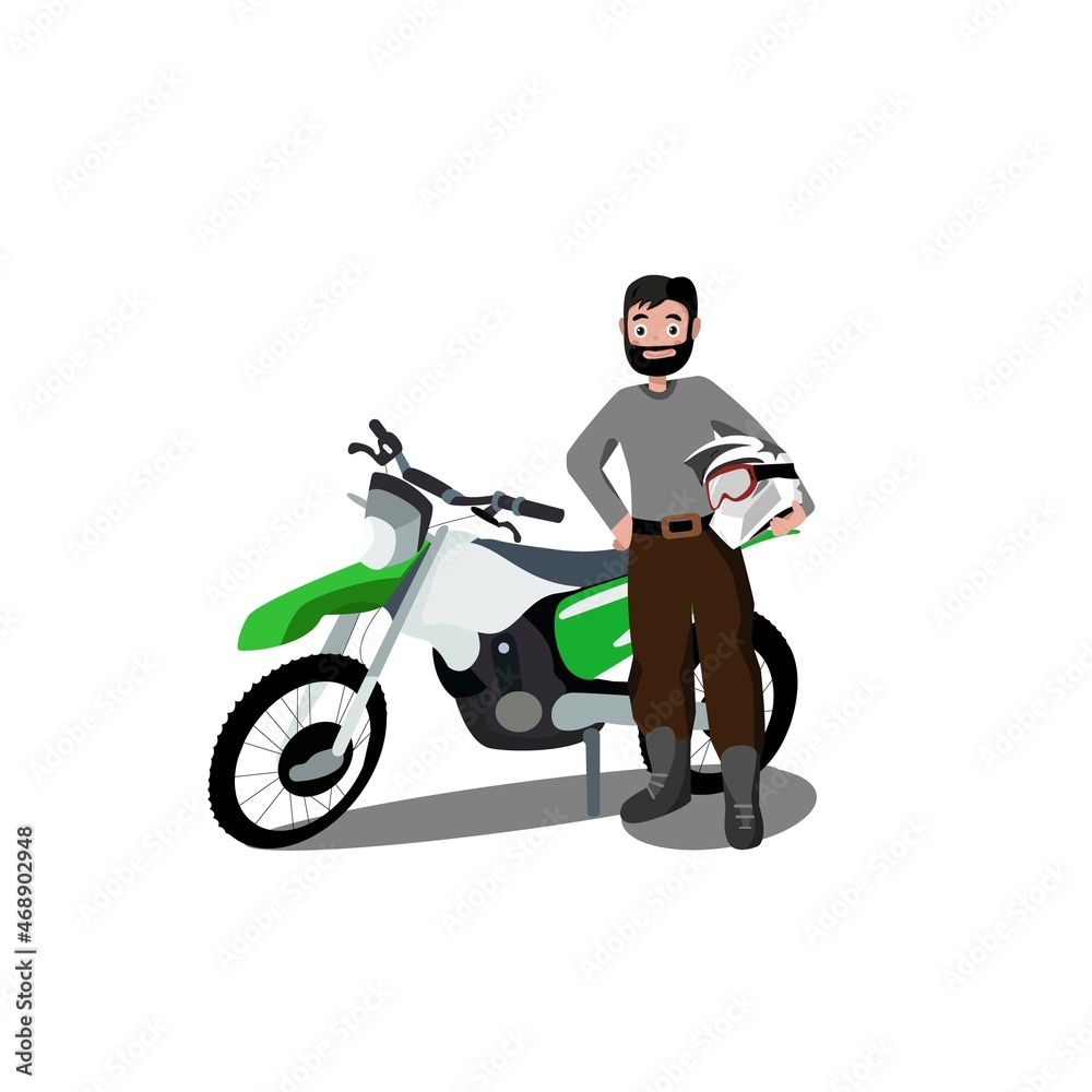 A man is standing with a motorcycle. Motorcycle helmet. Vector illustration A man is standing with a motorcycle. Motorcycle helmet. Vector illustration
