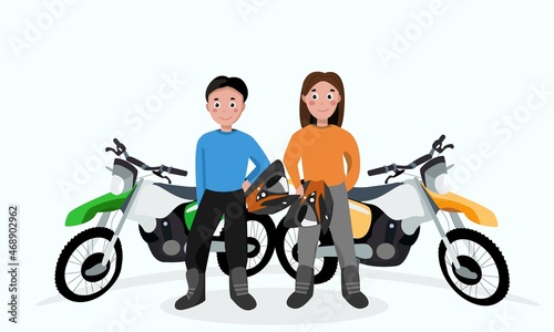 Girl and boy rides motorbikes, active hobbies. Vector illustration. Kids