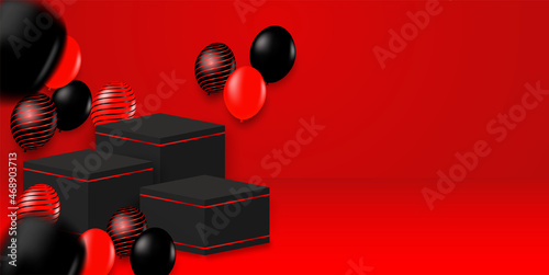 Black Friday Sale theme product display podium. Design with black- red balloons on red background .Vector. illustration.
