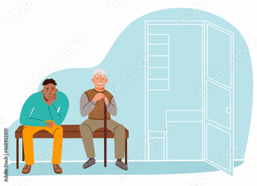queue. people are sitting in line on a bench in the office. vector illustration in a flat style