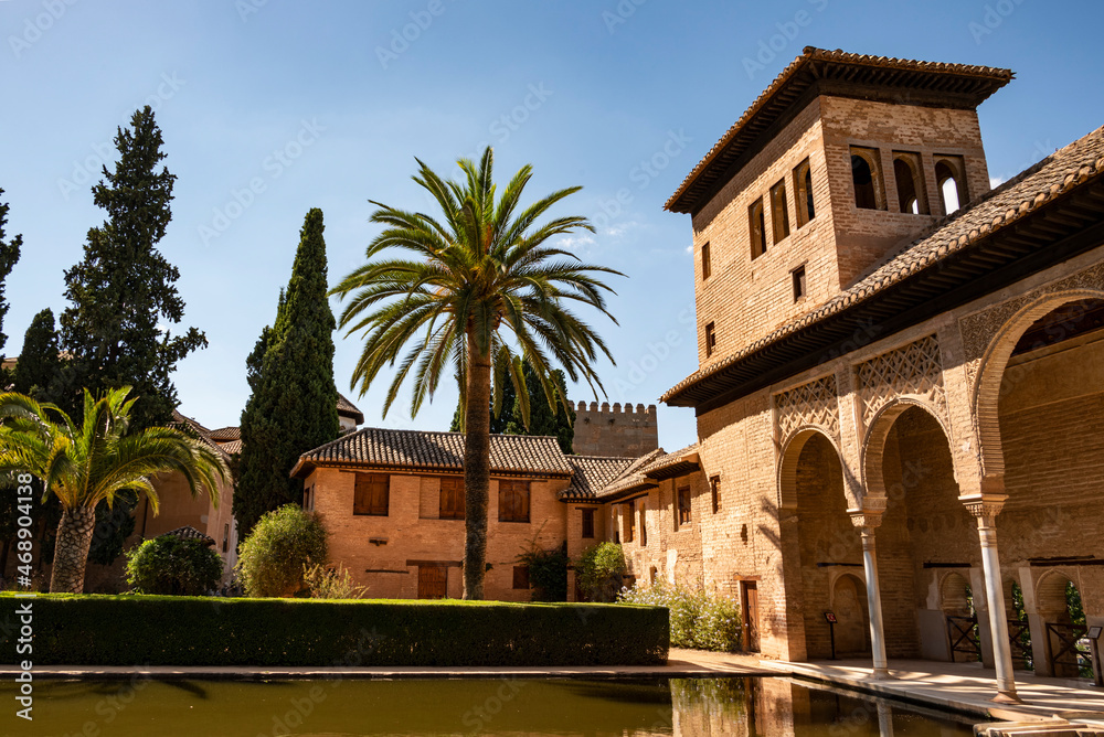 The Ladies Tower (Torre de las Damas, also known as Partal Palace) in the Garden of the Partal (Jardines del Partal), Nasrid palaces, Alhambra de Granada, Andalusia, Spain