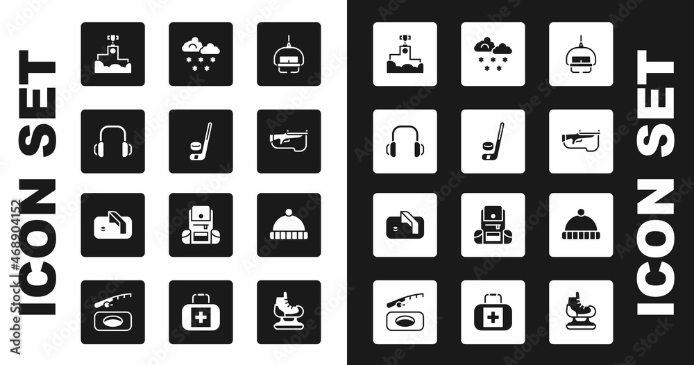 Set Ski lift, Ice hockey stick and puck, Winter headphones, Award winner podium, Biathlon rifle, Cloud with snow, hat and goal icon. Vector