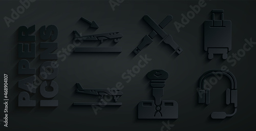 Set Pilot, Suitcase, Plane, Headphones with microphone, Marshalling wands and landing icon. Vector