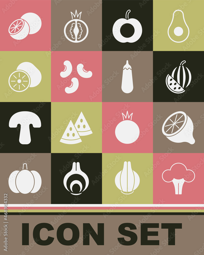 Set Broccoli, Lemon, Watermelon, Peach fruit, Beans, Kiwi, Orange and Eggplant icon. Vector Set Broccoli, Lemon, Watermelon, Peach fruit, Beans, Kiwi, Orange and Eggplant icon. Vector