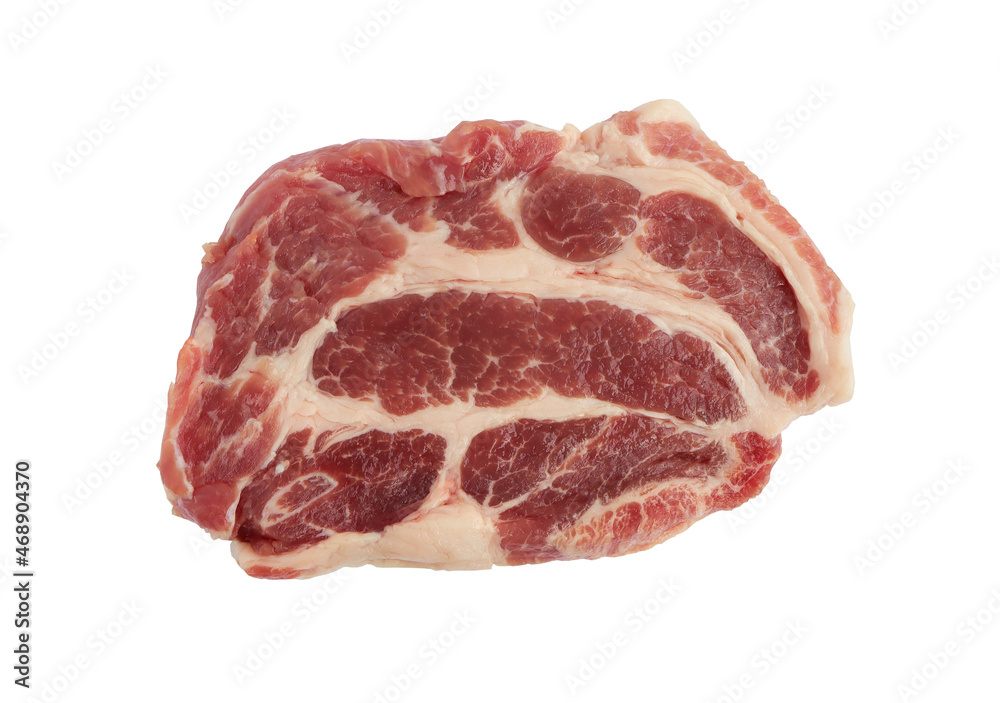 sliced raw pork meat isolated on white background. Top view. clipping path