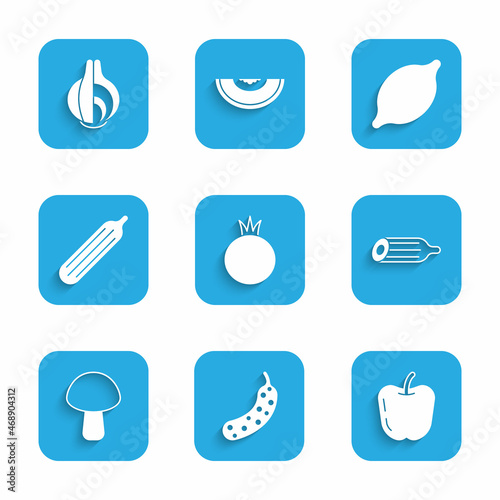 Set Tomato, Fresh cucumber, Apple, Mushroom, Lemon and Onion icon. Vector