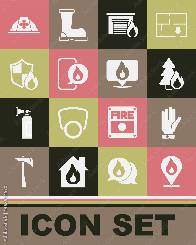 Set Location with fire flame, Firefighter gloves, Burning forest tree, burning garage, Phone emergency call 911, protection shield, helmet and icon. Vector Set Location with fire flame, Firefighter gloves, Burning forest tree, burning garage, Phone emergency call 911, protection shield, helmet and icon. Vector