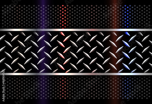 Silver black background with diamond plate texture, 3d dark vector metal design with color lights.