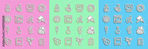 Set line To do list or planning, Basic geometric shapes, Cloud with rain, Genetic engineering, Data visualisation, Virus, Medicine bottle and pills and Drop magnifying glass icon. Vector